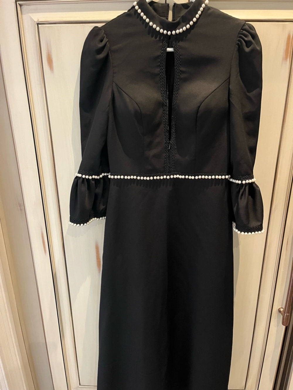 Black Pearl-Trim Long Sleeve Midi Dress